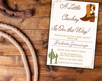 A Little Cowboy Is On the Way, Western Cowboy Baby Shower, Baby Boy Shower, Rodeo, Cowboy, Editable Digital Invitation Download