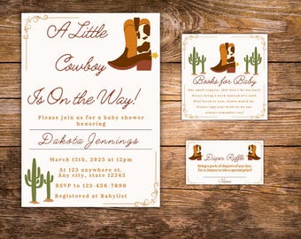 A Little Cowboy Is On The Way Invitation Bundle, Western Cowboy Theme Baby Shower Invitation Set, Books for Baby and Diaper Raffle Cards