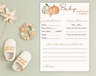 Tarjeta con consejos y predicciones para el juego de baby shower con calabazas y flores de otoño