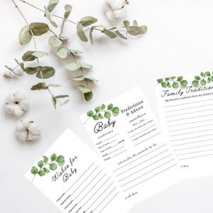 Cartes souvenirs de baby shower eucalyptus, prédictions et conseils pour une baby shower, traditions familiales, voeux de naissance, lot de cartes de jeux de bébé