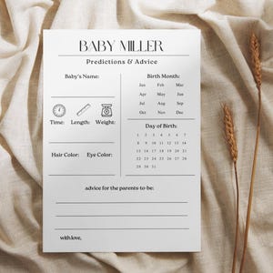 Minimalistische kaartsjabloon babyshower voorspellingen en advies, gepersonaliseerde babyvoorspellingen, bewerkbaar spel voorspellingen direct downloaden