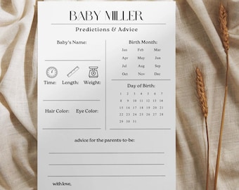 May include: A printable baby shower prediction sheet with the title "Baby Miller Predictions & Advice". The sheet includes sections for the baby's name, birth month, day of birth, time of birth, length, weight, hair color, and eye color. There is also a section for advice for the parents-to-be.