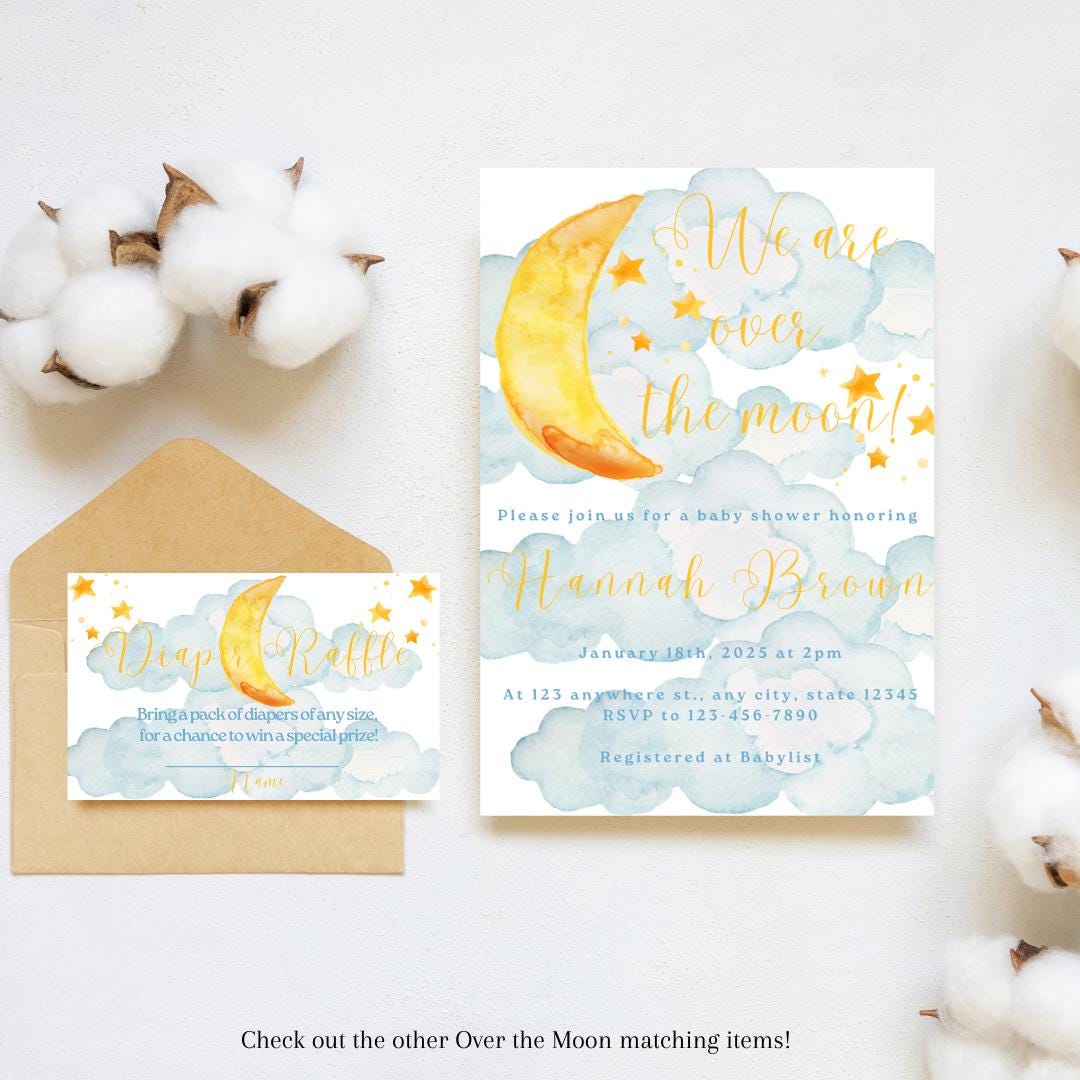 Over the Moon Baby Shower Diaper Raffle Card, Moon and Stars Baby ...