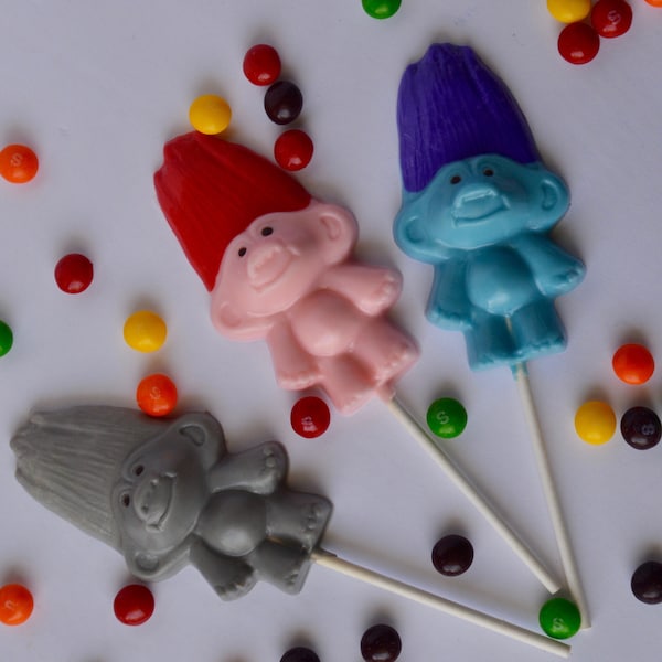 Chocolate Troll Lollipops (6), Gnome Lollipops, Birthday Troll Favors, Chocolate Favor Trolls, Troll Birthday, Poppy, Troll party, Chocolate