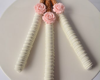 Rose Party Favors, First Birthday Favors, Chocolate Covered Pretzels, Pink Rose, Chocolate Gifts, Chocolate, Baby Shower Favor, Rose Favors