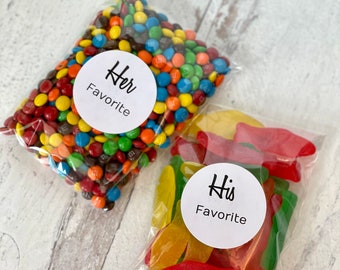 His and Her Favorite Wedding Favor Bags, Hotel Welcome Bags, Wedding Welcome Bags, 10 HIS Favorite and 10 HER Favorite Stickers