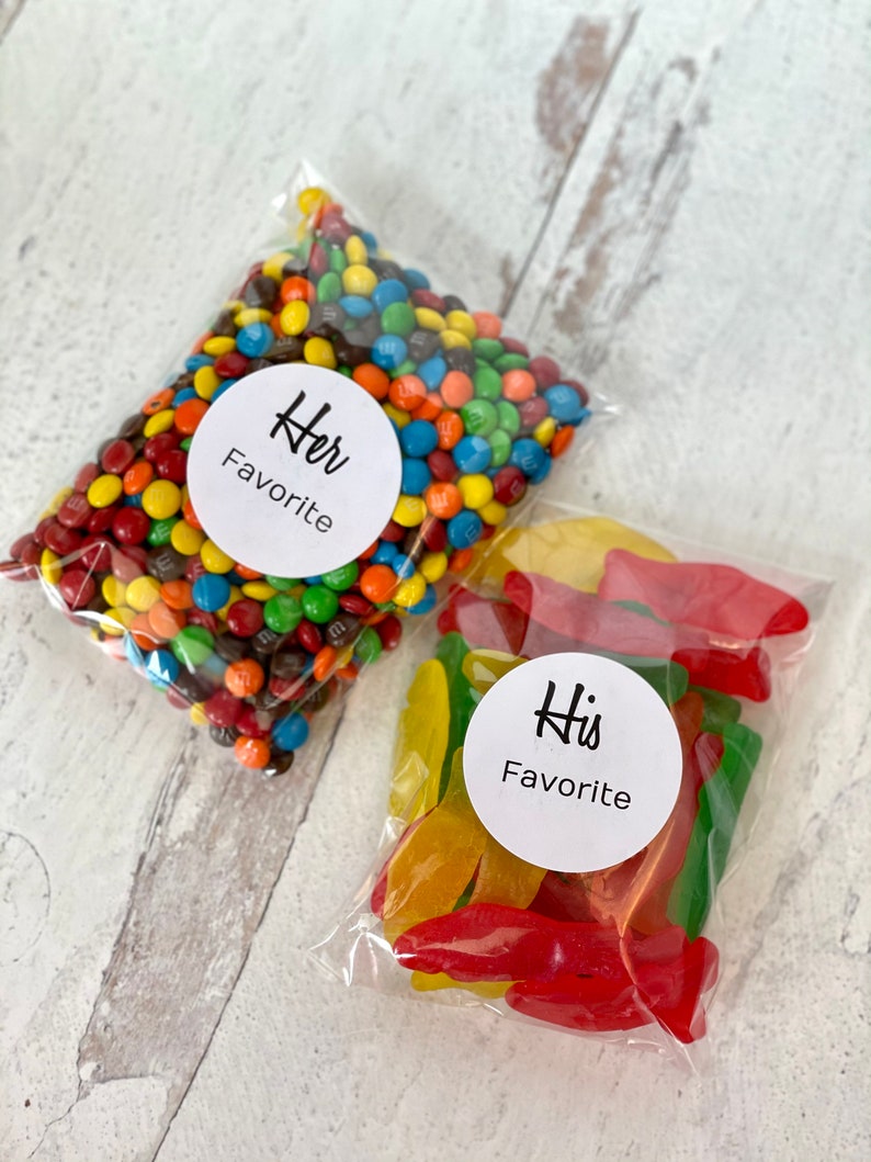 His and Her Favorite Wedding Favor Bags, Hotel Welcome Bags, Wedding Welcome Bags, 10 HIS Favorite and 10 HER Favorite Stickers image 1