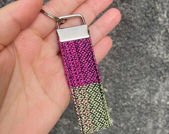 Handwoven Pink, Green and Black Key Fob - Fabric Keyring, Bag Charm