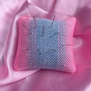 Blue and Pink Square Fabric Pincushion Handwoven Pincushion, Sewing Kit Essential, Craft Kit Staple, Woven Pincushion, Needle Cushion image 2