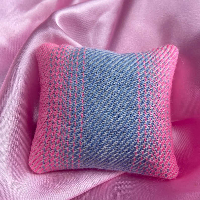 Blue and Pink Square Fabric Pincushion Handwoven Pincushion, Sewing Kit Essential, Craft Kit Staple, Woven Pincushion, Needle Cushion image 3