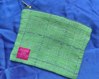 Handwoven Green and Blue Zip Pouch - Cosmetics Bag, Lined Zip Pouch, Handwoven Fabric Bag, Zippered Pouch, Sewing Pouch, Small Tweed Bag