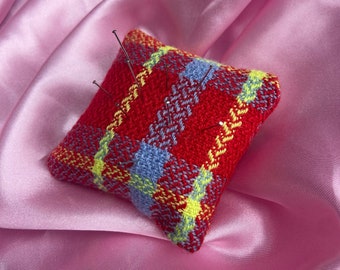 Red Tartan Square Fabric Pincushion - Handwoven Pincushion, Sewing Kit Essential, Craft Kit Staple, Woven Pincushion, Needle Cushion