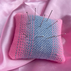 Blue and Pink Square Fabric Pincushion Handwoven Pincushion, Sewing Kit Essential, Craft Kit Staple, Woven Pincushion, Needle Cushion image 1