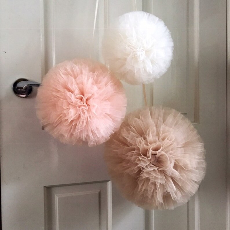 Blush Beige Nursery Pom Pom Decor Hanging Pom Poms Neutral Nursery Decor Nursery Wall Hangings Little Girls Blush Pink Bedroom Decor