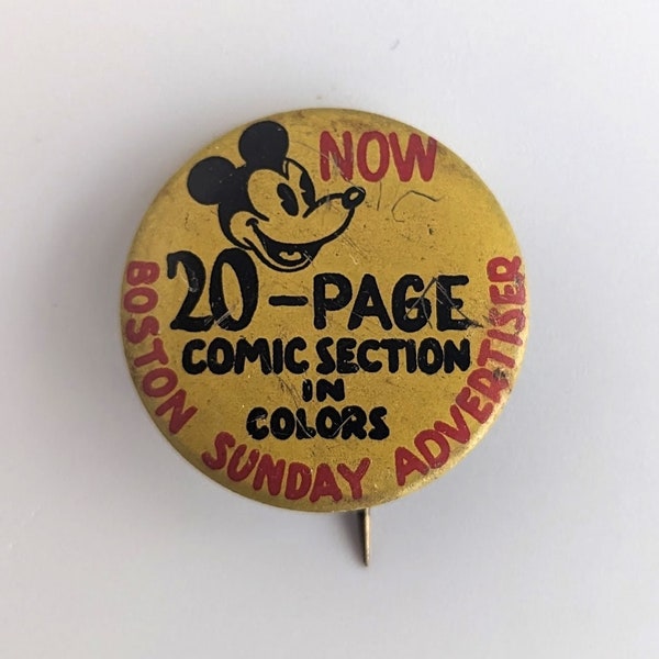 1930s Mickey Mouse Pinback, Boston Sunday Advertiser, Color Comic Strip Ad, Newspaper