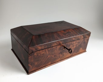 Antique Mahogany Sarcophagus Shaped Box, Flame Mahogany, Key, Jewelry Box, Coffin Casket Document Box, Desk Trinkets, Key