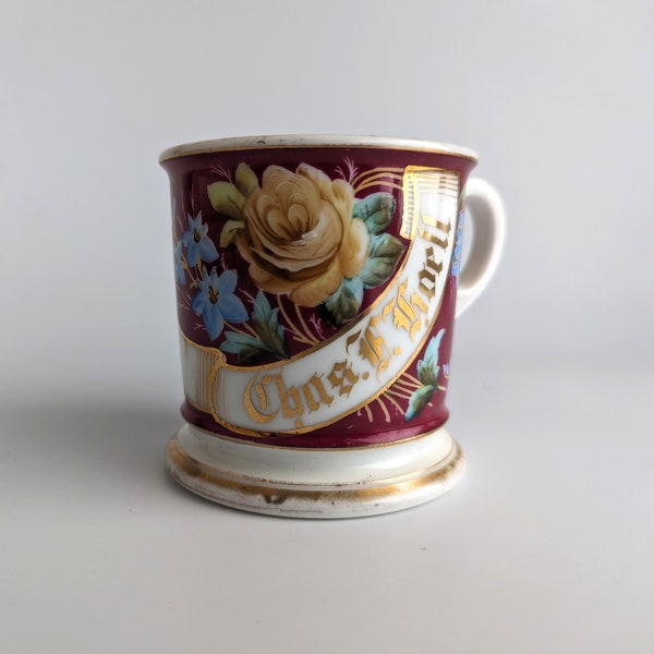 GDM Limoges Hand Painted Rose and Forget-Me-Nots Shaving Mug, Personalized "Charles F. Hoell", 1880s