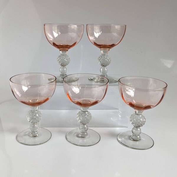 5 Morgantown Pale Pink Champagne/Dessert Goblets, Golfball, 7 oz., Elegant Depression Glass, Art Deco Barware, 1930s Entertaining