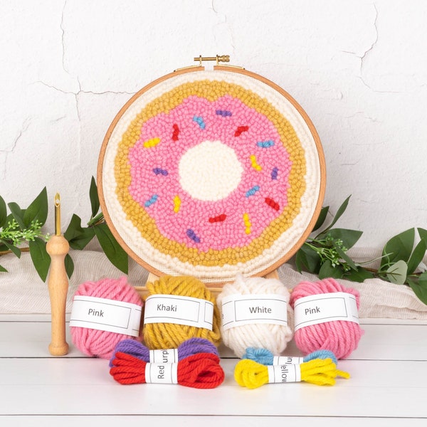 Donut Mini Beginners Punch Needle Kit - Arts and Crafts Kit Includes Monks Cloth, Punch Needle Tool, Embroidery Hoop, and more!