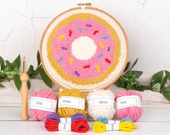 Donut Mini Beginners Punch Needle Kit - Arts and Crafts Kit Includes Monks Cloth, Punch Needle Tool, Embroidery Hoop, and more!