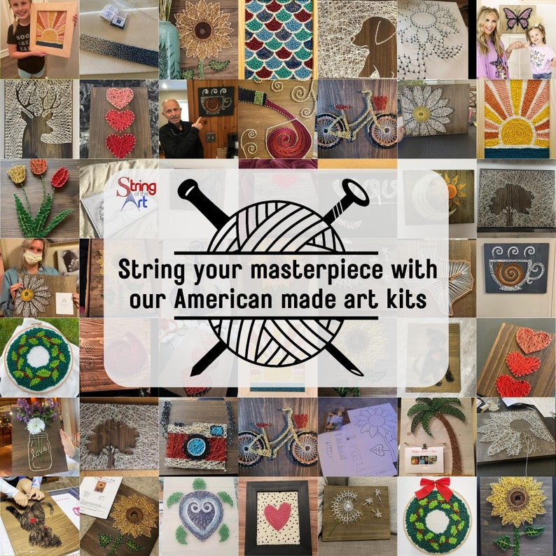 Puede incluir: Un collage de im&aacute;genes de arte de hilo, con varios dise&ntilde;os como una bicicleta, un coraz&oacute;n, un girasol, una taza de caf&eacute; y un ciervo. El texto "String your masterpiece with our American made art kits" se muestra en el centro del collage.