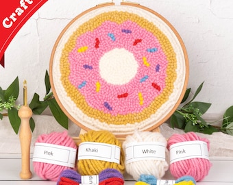 Donut Mini Beginners Punch Needle Kit - Arts and Crafts Kit Includes Monks Cloth, Punch Needle Tool, Embroidery Hoop, and more!