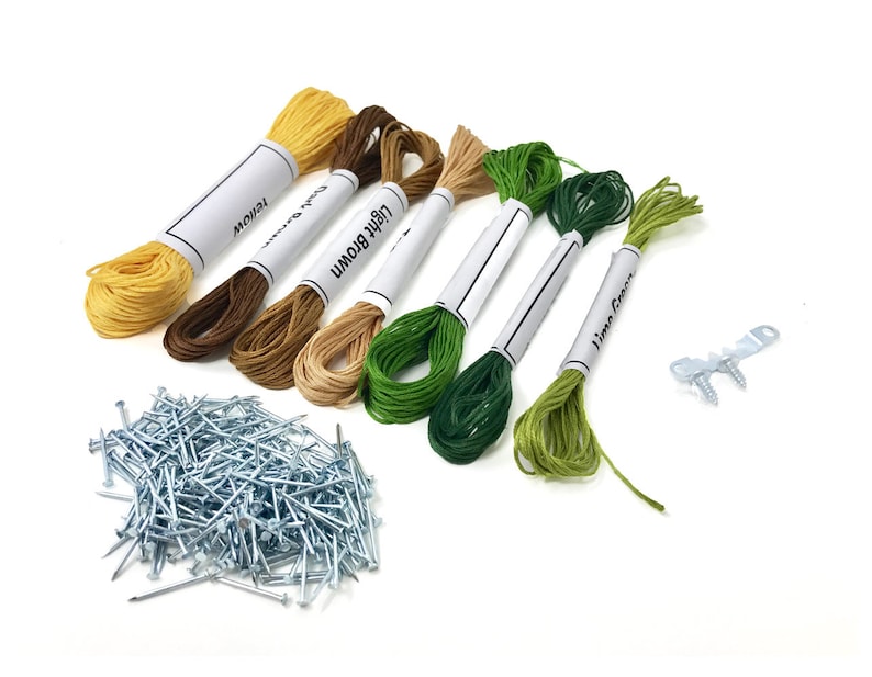 Pu&ograve; includere: Un set di sei bobine di filo da ricamo in giallo, marrone, marrone chiaro, verde e verde lime. Il filo &egrave; confezionato su etichette bianche con i nomi dei colori stampati su di esse. Il set include anche un sacchetto di puntine argentate e due viti argentate con una staffa in metallo.