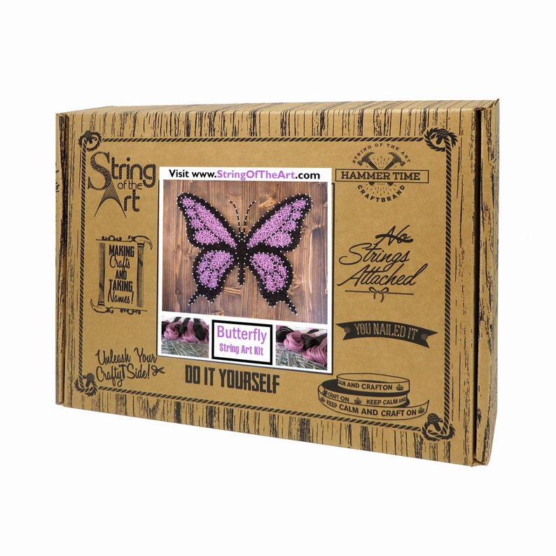 May include: A brown cardboard box with a purple butterfly string art kit. The box has the text "String of the Art" and "Hammer Time Craft Brand" on it. The kit includes all the materials needed to create a string art butterfly, including string, nails, and a wooden base.