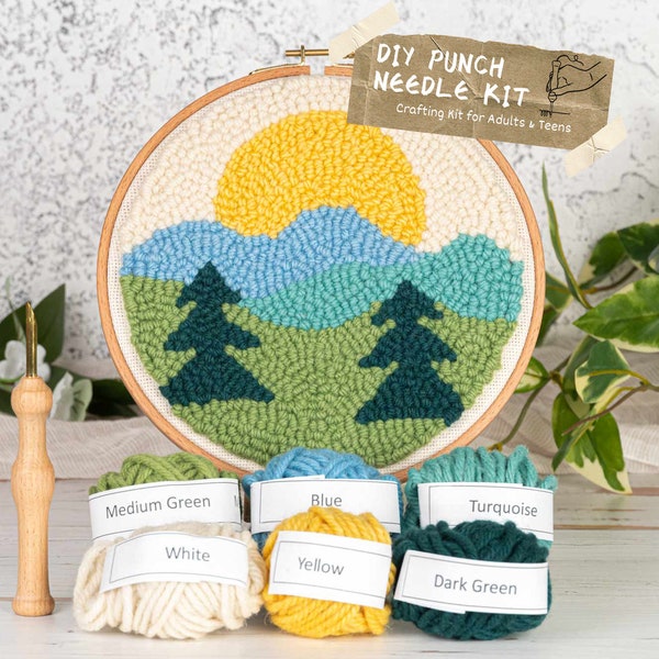 Mountain Mini Punch Needle Kit - DIY Kit For Beginners to Experts, Craft Kit Includes Monks Cloth, Wool Yarn, Embroidery Hoop, and More