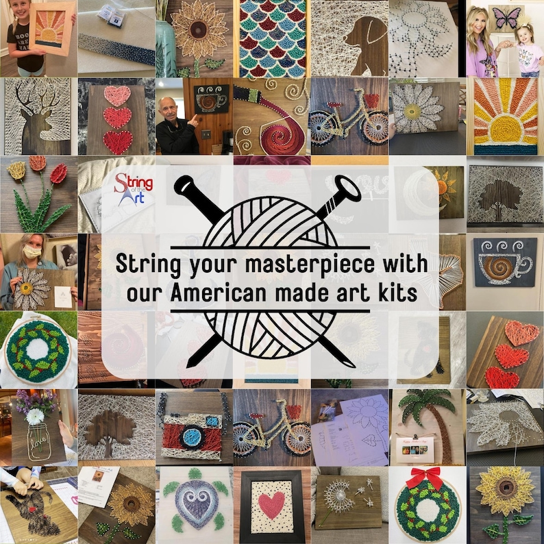Puede incluir: Un collage de im&aacute;genes de arte de hilo, con varios dise&ntilde;os como una bicicleta, un coraz&oacute;n, un girasol, una taza de caf&eacute; y un ciervo. El texto "String your masterpiece with our American made art kits" se muestra en el centro del collage.