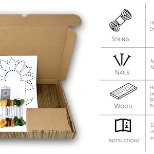 Pu&ograve; includere: Un kit per l'arte del filo per creare un'opera d'arte con un design a girasole. Il kit include una tavola di legno, chiodi, filo da ricamo e istruzioni.