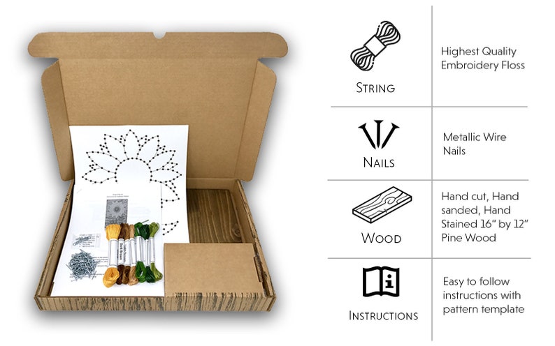 Pu&ograve; includere: Un kit per l'arte del filo per creare un'opera d'arte con un design a girasole. Il kit include una tavola di legno, chiodi, filo da ricamo e istruzioni.