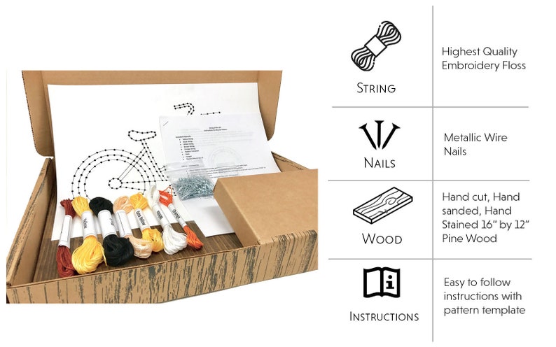 Puede incluir: Un kit de arte de hilo DIY con un dise&ntilde;o de bicicleta. El kit incluye una tabla de madera, clavos, hilo de bordar e instrucciones.