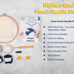 K&ouml;nnte beinhalten: Ein Punch-Needle-Set zum Basteln eines Schwanenmotivs. Das Set enth&auml;lt 100% Wolle, Anleitungen, einen Holzreifen, Stoff, ein Punch-Needle-Werkzeug, einen schwarzen Stift und eine Schablone.