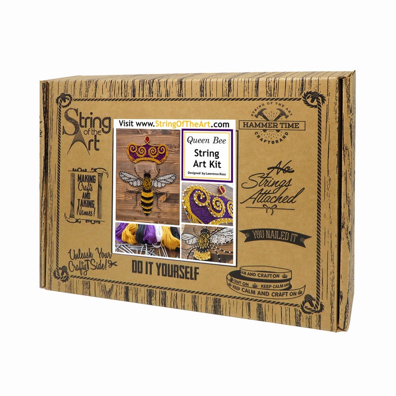 May include: A brown cardboard box with a Queen Bee String Art Kit. The box features a picture of a bee with a crown, a heart, and a close-up of the bee. The box also has the text "String of the Art" and "Hammer Time Craft Brand".