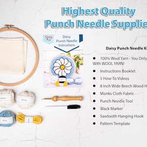 Puede incluir: Kit de aguja de punz&oacute;n Daisy con hilo de lana 100%, folleto de instrucciones, 5 videos instructivos, marco de aro de madera de haya de 20 cm de ancho, tela de monje, herramienta de aguja de punz&oacute;n, marcador negro, gancho de suspensi&oacute;n de dientes de sierra y plantilla.