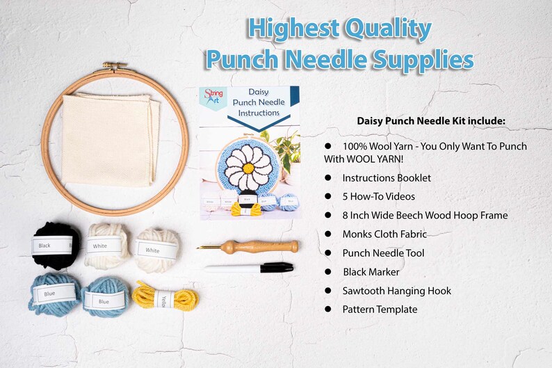 Puede incluir: Kit de aguja de punz&oacute;n Daisy con hilo de lana 100%, folleto de instrucciones, 5 videos instructivos, marco de aro de madera de haya de 20 cm de ancho, tela de monje, herramienta de aguja de punz&oacute;n, marcador negro, gancho de suspensi&oacute;n de dientes de sierra y plantilla.