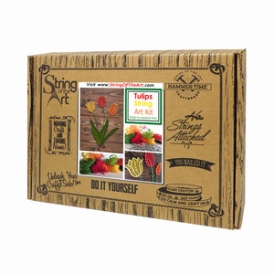 May include: A brown cardboard box with a string art kit for making tulips. The box has the words "String of the Art" and "Tulips String Art Kit" on it. The box also has a picture of a finished string art tulip project.