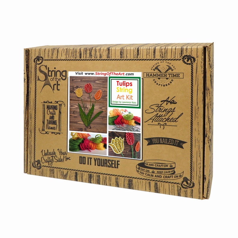 May include: A brown cardboard box with a string art kit for making tulips. The box has the words "String of the Art" and "Tulips String Art Kit" on it. The box also has a picture of a finished string art tulip project.