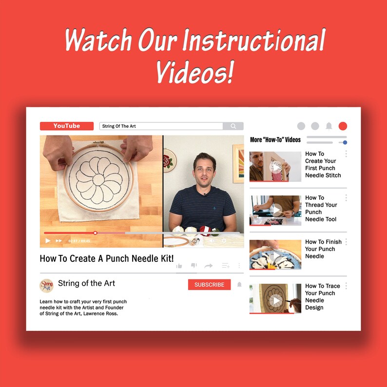 K&ouml;nnte beinhalten: Ein YouTube-Video-Thumbnail, das eine Person zeigt, die demonstriert, wie man ein Punch-Needle-Kit erstellt. Das Video tr&auml;gt den Titel "How To Create A Punch Needle Kit!" und zeigt das Logo von "String of the Art".