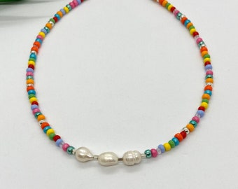 Fresh Water Pearls Colorful Bead Choker, Pearls and Beads Jewelry,  Graduation Gift, Rainbow Beaded Necklace,Summer Jewelry Gift For Her Him