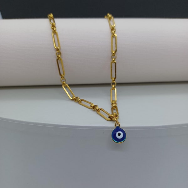 Evil Eye Necklace, Blue Evil Eye Kabbalah Choker, Turkish Eye Bead Protection Necklace, 18k gold plated Stainless Steel Chain, Body Jewelry