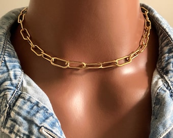 18KG Stainless Steel Paperclip Necklace | Thick Gold Link Choker |  Large Link Necklace | Layering Necklace | Gift For Her | Boho Necklace