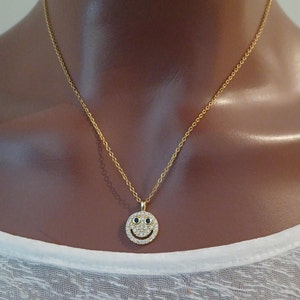 Smiley Face, Stainless Steel Zircon Necklace, Trendy Jewelry, Happy Face, Emoji Pendant Necklace,  Emoji Charm, Gift for Her, Christmas Gift