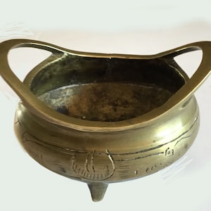 Vintage Two Handle Solid Brass Chinese Incense Burner with Three Feet and Six Hand Engraved Signature Characters.