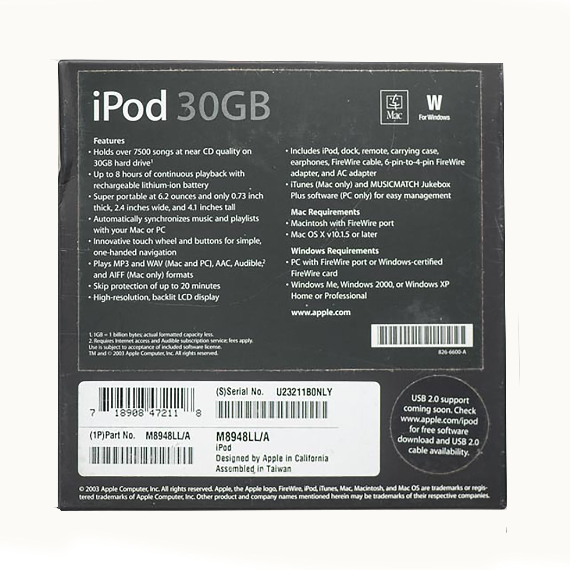 Apple Ipod 3rd Generation 30GB Stainless Steel & White. Model