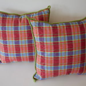 2 Osborne and Little, Silk Moire Plaid Cushions with Green Silk Cording .