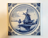 Ceramic Windmill Tile Trivet - Large Beautiful Kitchen Trivet / Pot Holder - Serving trivet, ceramic potholder, blue vintage windmill scene