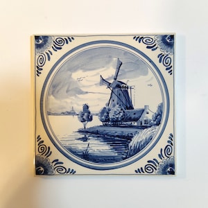 Ceramic Windmill Tile Trivet - Large Beautiful Kitchen Trivet / Pot Holder - Serving trivet, ceramic potholder, blue vintage windmill scene