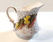Small Pitcher - Lefton China Pitcher 7280. Raised Berries and Leaves Small Porcelain Pitcher with Fall Autumn Colors
